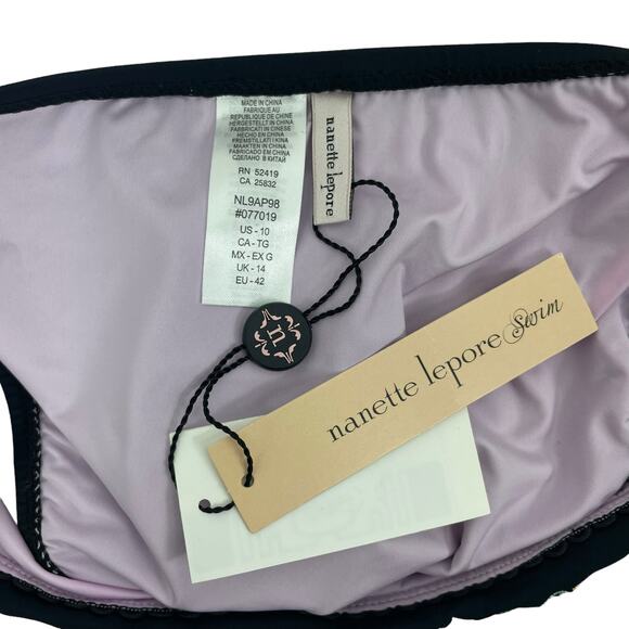 Nanette Lepore Vamp Swim Bikini Bottom Tassel Tie Black Size 10 - Picture 10 of 10